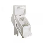 Angled keystone surround in white shown from the back at an angle.