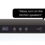 Audioflow 3-way smart speaker switch - fron view of unit with speec bubble showing it can be controlled by Alexa