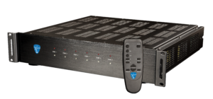 Beale Street Amplifier IA1250 shown from the front with a remote control.