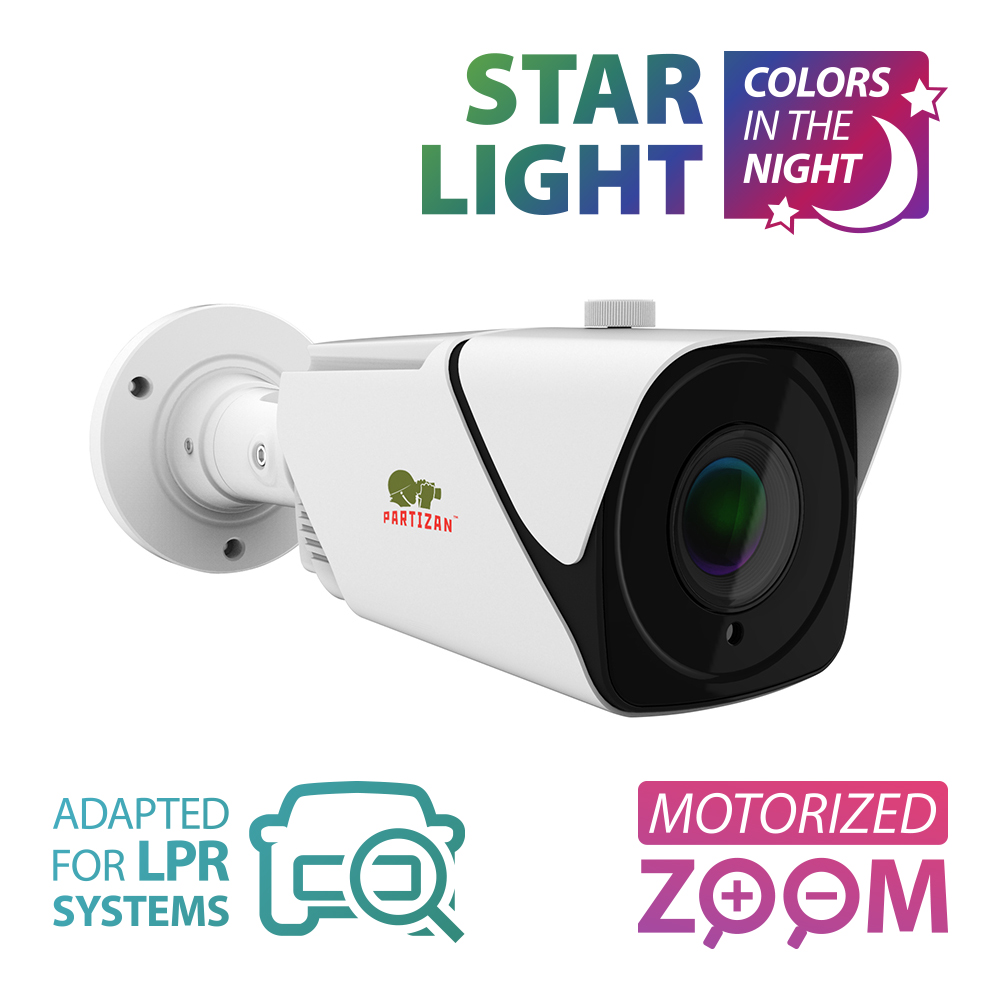 Partizan 5Mp autofocus IP camera IPO-VF5MP AF Starlight v2.0 -showing unit and text 'Star Light colors in the night, Motorized Zoom and Adapted for LPR systems'