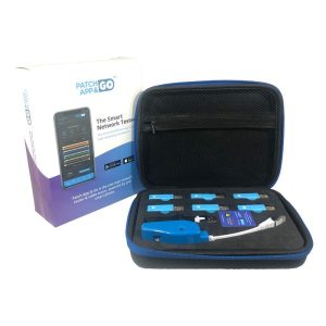 Patch App and Go Tester and Tracer and six smart plugs within open soft carry case - sitting next to the product box