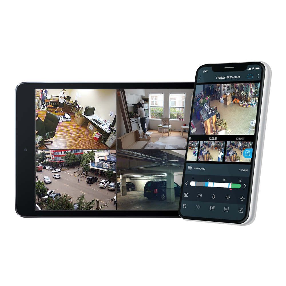 View of Partizan CCTV rendered on to a screen and a phone app