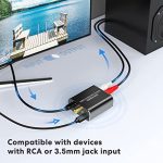 DAC Converter image with text stating it is compatible with devices with RCA or 3.5mm jack input