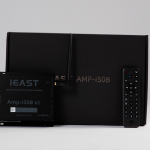 iEAST Amp-i50B v2 - EAST Multiroom Streaming Amplifier front showing unit standing in front of the box