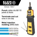 KLEIN TOOLS Impact Punch-down Tool - showing tool from the side at an angle. Text rreads 'Punch cables into 66/110 panels and blocks; Terminate and cut wires in one step; Metal injection molding (MIM) blade