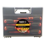 KLEIN TOOLS Insulated Screwdriver set- showing 5 insulated screwdrivers within the plastic case.