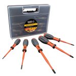 Klein tools insulated screwdriver set showing plastic case with 5 scredrivers sitting outside it.