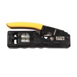 KLEIN TOOLS Ratcheting Data Cable Crimper / Stripper / Cutter shown from the side.