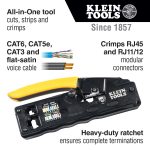 KLEIN TOOLS Ratcheting Data Cable Crimper / Stripper / Cutter infographic showing the main features of the tool - text includes 'All-in-one tool cuts, strips and crimps', 'CAT6, CAT5e, CAT3 and flat satin voice cable and 'Crimps RJ45 and RJ11/12 modular connectors. 