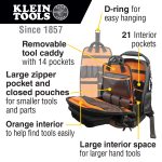 Tradesman Pro™ Tool Master Tool Bag Backpack - view of unzipped bag showing interior - with text of features - D-ring, Removable tool caddy, large zipper pocket and closed poches, orange interior, large interior space.
