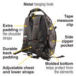 Tradesman Pro™ Tool Master Tool Bag Backpack - showing back of bag and listing features - extra padding, Durable back padding, Adjustable chest and lower straps, moulded bottom, side zipper pocket and tape measure clip.