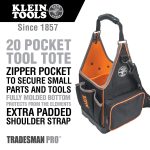 Klein Tools Tool Bag, Tradesman Pro™ Tool Tote - view of bag from front at an angle with the text '20 pockets for maximum tool storage, handles for esy carrying, Zipper pocket to secure small parts and tools, Extra padded shoulder strap and Molded bottom that protects from the elements'.