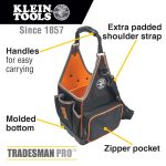 Klein Tools Tool Bag, Tradesman Pro™ Tool Tote - view of bag from front at an angle with the text '40 pockets for maximum tool storage, handles for esy carrying, Zipper pocket to secure small parts and tools, Extra padded shoulder strap and Molded bottom that protects form the elements'.