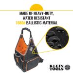 Klein Tools Tool Bag, Tradesman Pro™ Tool Tote - view of bag from front at an angle with the text '40 pockets for maximum tool storage, handles for esy carrying, Zipper pocket to secure small parts and tools, Extra padded shoulder strap and Molded bottomthat protects form the elements'.