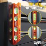 KLEIN TOOLS Torpedo Level attached by magnets with close up images of vial windows from the top and the text 'top view vial windows'