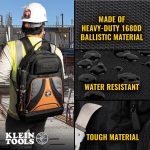 Klein Tools Tradesman Pro™ Tool Bag Backpack, 39 Pockets showing person wearing the backpack on site with text 'made of heavy duty ballistic materials and ' water resistant ' and 'tough material'