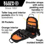 Klein Tools Tradesman Pro™ Tool Bag Backpack, 39 Pockets showing inside of bag and listing features - shoulder straps with extra padding and handles, taller bag with interior pockets, orange interior.