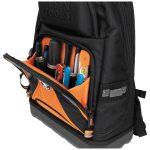Klein Tools Tradesman Pro™ Tool Bag Backpack, 39 Pockets showing the front pouch opened with pockets inside.