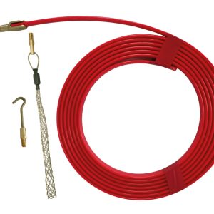 Super Rod Cable Tongue Pro tool - showing coiled tool with domed bullet at the end Beside the cable is the mini hook super grip.