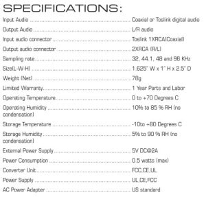 Vanco Digital to Analogue Audio Converter Specifications