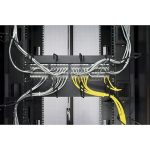 APC Horizontal Cable Organiser 2U- view of this product in use in a rack with cables running through it.