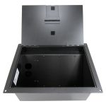FSR Inc Stage Floor Box FL-1500-BLK shown with lid open to show inside of the box