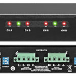 Wharfedale Pro DP-4035i Amplifier - front view of a unit above a back view of the unit showing the connections.