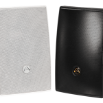 Wharfedale Pro I Series - showing one black speaker and one white speaker from this range.