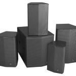 Wharfedale Pro Sigma X easy install speakers - Sigma X range of 5 speakers in black shown from the front from an angle.