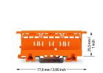 WAGO Mounting Carrier 4mm in Orange shown from the front. Dimension are included 77.6mm length by 25.5mm height.