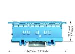WAGO Mounting Carrier 6mm in Blue shown from the front. Dimension are included 94.2mm length by 28.3mm height.