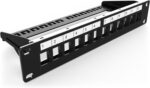 10" Patch Panel in black. Shown from the front at an angle