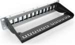 10" Patch Panel in black. Shown from the back at an angle