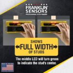 ProSensor M210 Stud Finder infographic with wording 'Shows full width of studs. The middle LED will turn green to indicate the stud's center'
