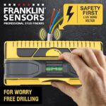 ProSensor M210 Stud Finder infographic with wording 'safety first live wire meter for worry free drilling'