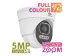 Partizan 5Mp autofocus IP camera IPD-VF5MP-IR AF FADA SH viewed from the front at an angle. Text reads' Full Colour 24/7. 5MP SuperHD and Motorized Zoom'