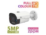 Partizan 5Mp autofocus IP camera IPO-VF5MP AF FADA SH showing unit from the front at an angle with text 'Full Colour 24/7; 5Mp SuperHD, Motorized Zoom"