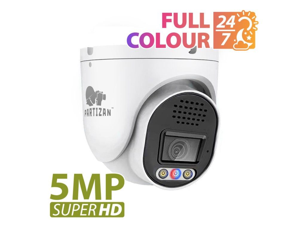 Partizan 5Mp fix focus IP camera IPD-5SP-IR SDM FADA Cloud camera shown at an angled front view, with on-image text reading “Full Colour 24/7”, and “5MP SuperHD”.