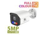 Partizan 5Mp fix focus IP camera IPO-5SP FADA Cloud shown from the front at an angle with text ' Full Colour 24/7 and 5MP SuperHD'