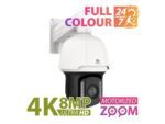 Partizan 8Mp PTZ IP camera IPS-230X-IR 4K FADA SH shown at an angled front view, with on-image text reading “Full Colour 24/7”,"4K 8MP UltraHD" and “Motorized Zoom”.