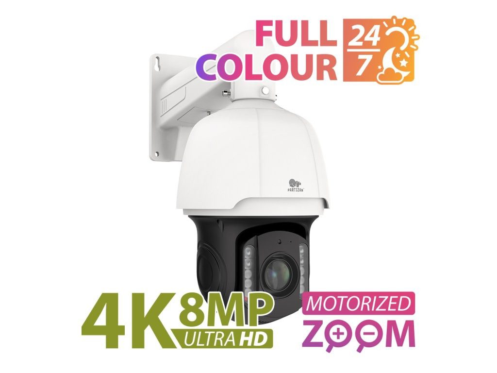 Partizan 8Mp PTZ IP camera IPS-230X-IR 4K FADA SH shown at an angled front view, with on-image text reading “Full Colour 24/7”,"4K 8MP UltraHD" and “Motorized Zoom”.