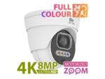 Partizan 8Mp autofocus IP camera IPD-VF5MP-IR AF 4K FADA SH camera shown at an angled front view, with on-image text reading “Full Colour 24/7”, “4K 8MP Ultra HD” and "Motorized Zoom".