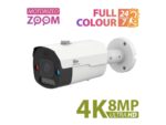 Partizan 8Mp autofocus IP camera IPO-VF5MP AF 4K FADA SH - showing unit from the front at an angle with text 'Motorized Zoom, Full Colour 24/7 and 4K 8MP UltraHD'