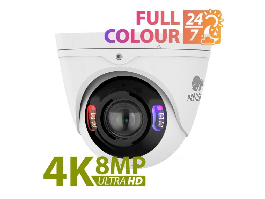 Partizan IPD-5SP-IR 8MP 4K panoramic IP camera shown at an angled front view, with on-image text reading “Full Colour 24/7” and “4K 8MP Ultra HD”