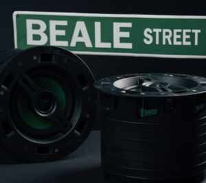 two beale street in-ceiling speakers placed in front of a Beale Street street sign.