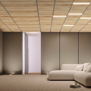 Garvan Microbaffle Acoustic Panels - showing some microbaffle panels - white with wood slats - on the ceiling of a room.