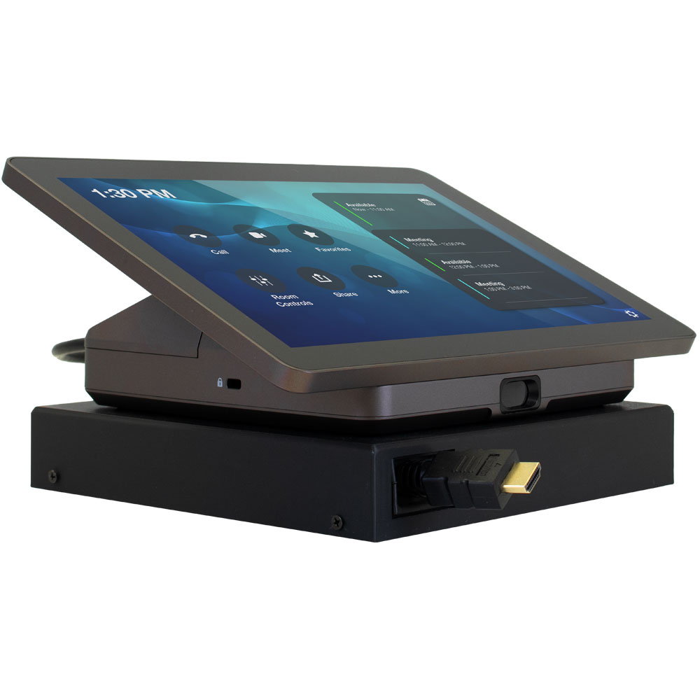 FSR Cable Pilot Retractor - showing HDMI CPRT-7 unit situated under a touch pad control system from the side at an angle.