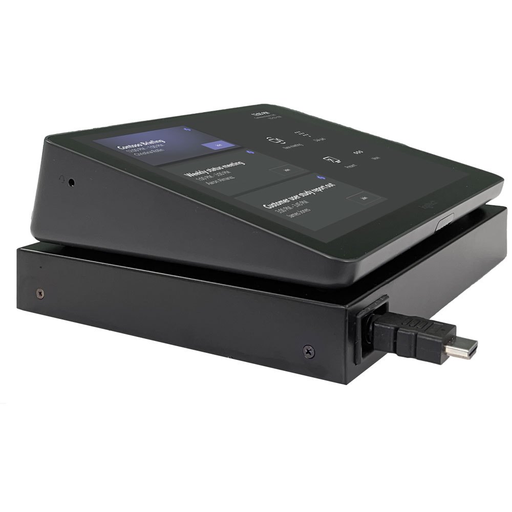 FSR Cable Pilot Retractor - showing HDMI CPRT-10 unit situated under a touch pad control system from the side at an angle.