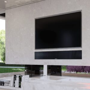 Garvan Aria in-wall soundbar shown mounted in a wall below a TV screen