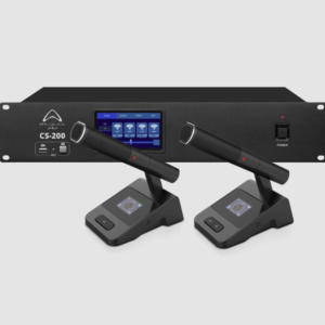 Wharfedale CS-200 Wireless Conference System - showing the central control unit and two wireless mics.